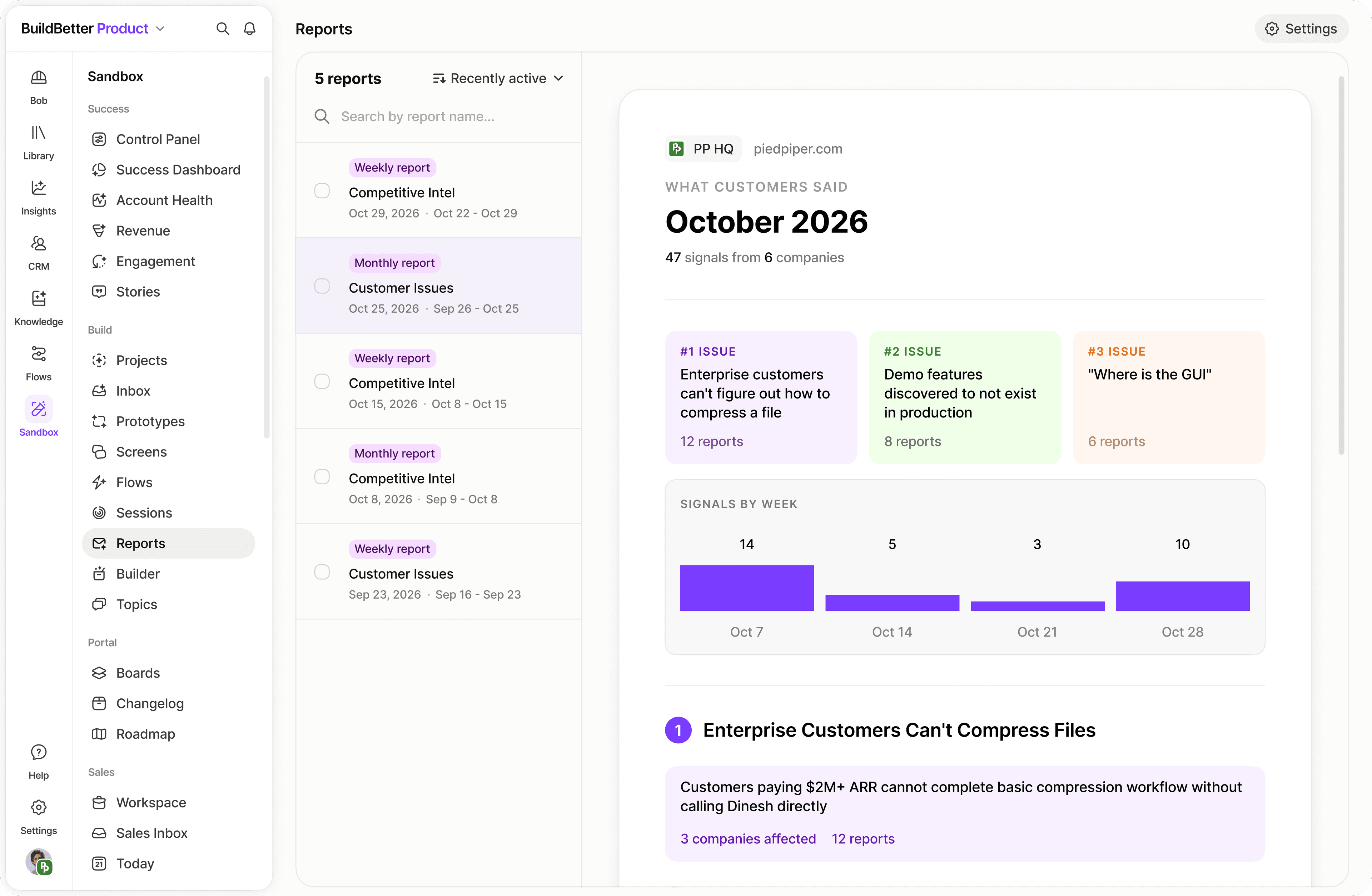 BuildBetter interface supporting User Research Intelligence