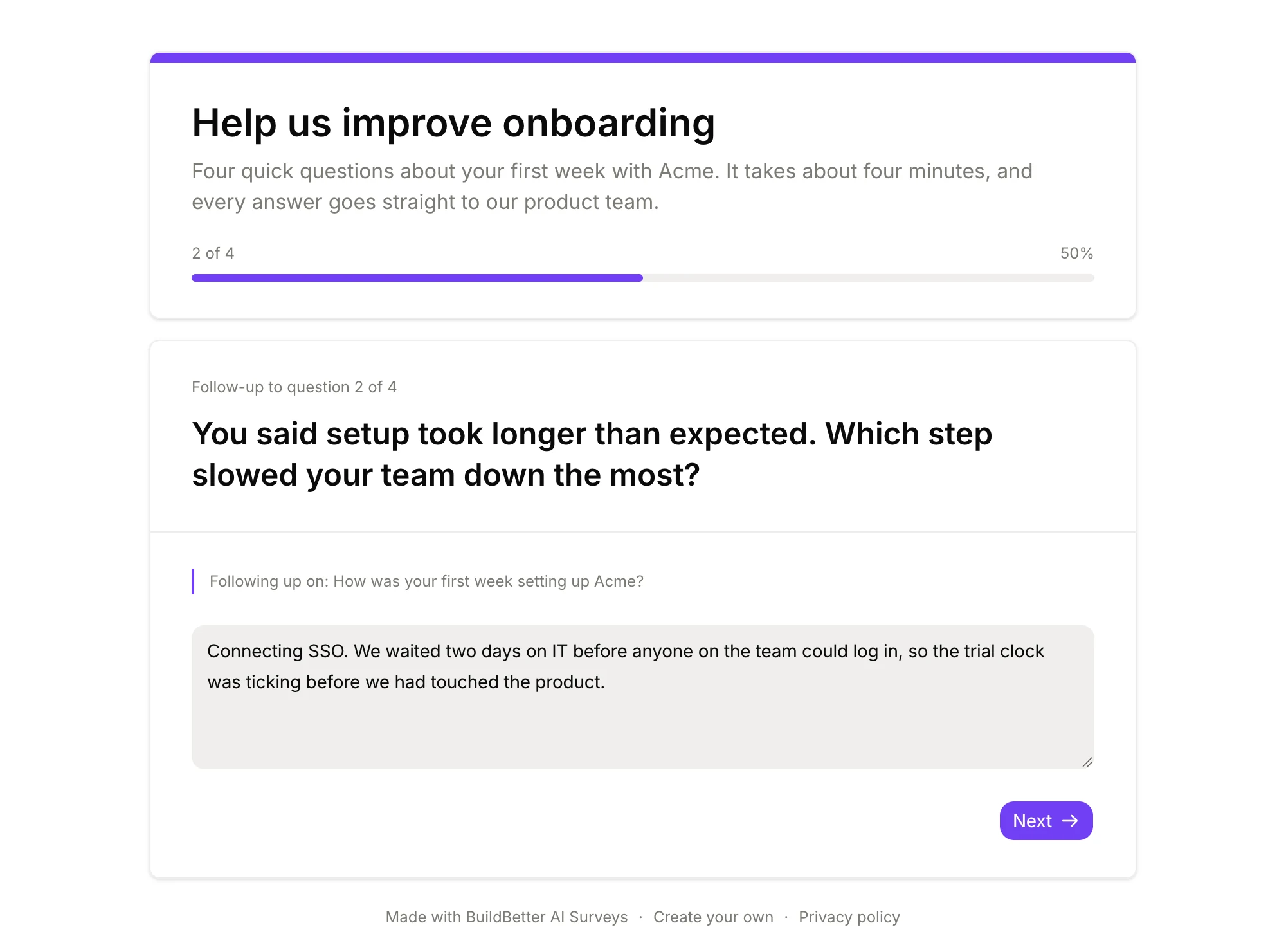A survey question with an AI follow-up about the participant's previous answer