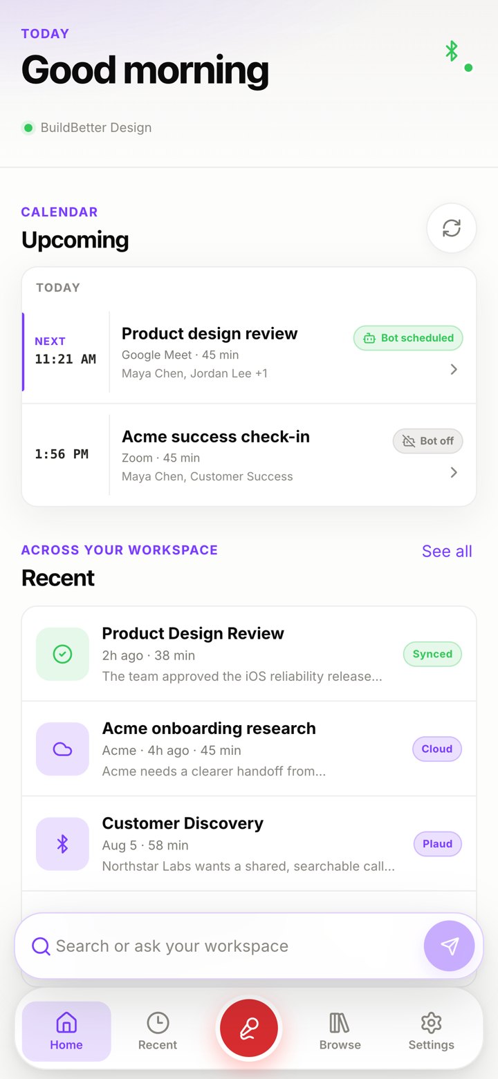BB Recorder on iPhone showing upcoming meetings with the bot on or off